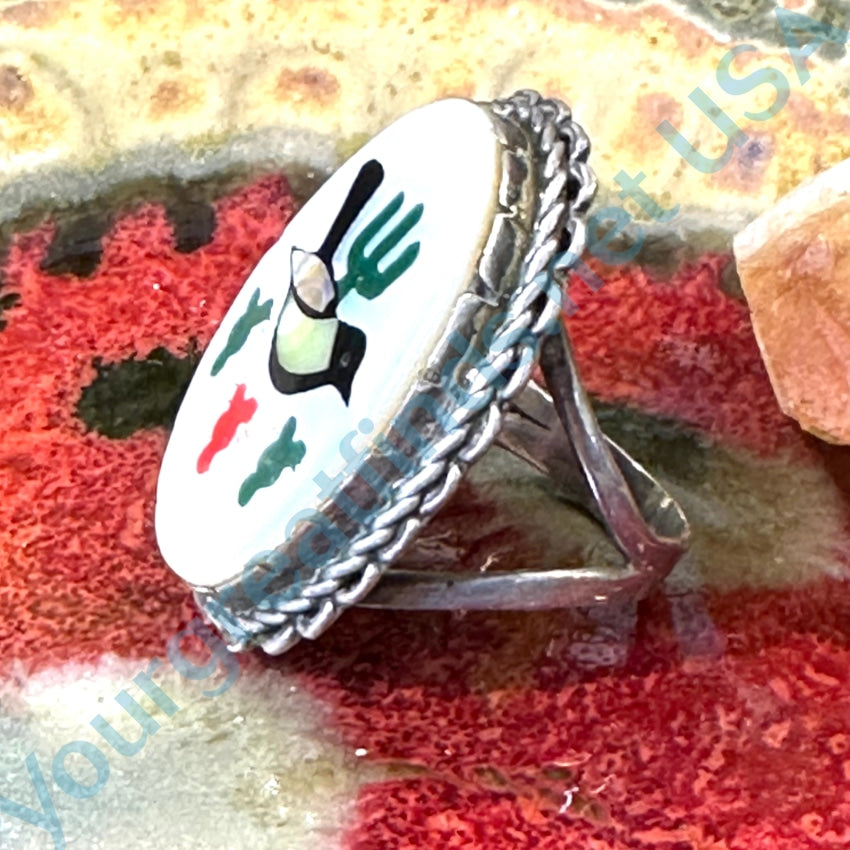 Vintage Zuni Sterling Silver Bird Saguaro Cactus Ring 8