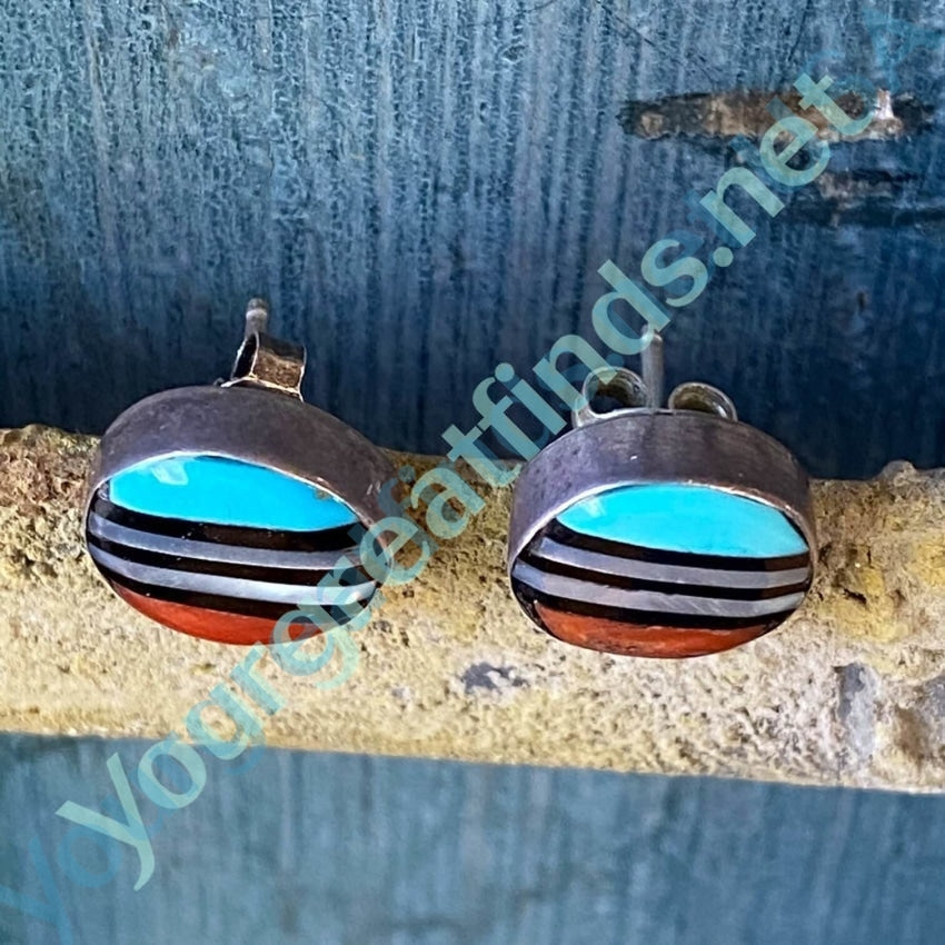 Vintage Zuni Sterling Silver Channel Inlay Stud Pierced Earrings Yourgreatfinds