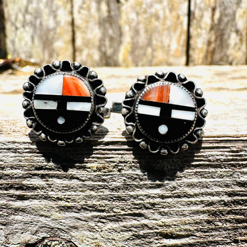 Vintage Zuni Sterling Silver Channel Inlay Sungod Cufflinks