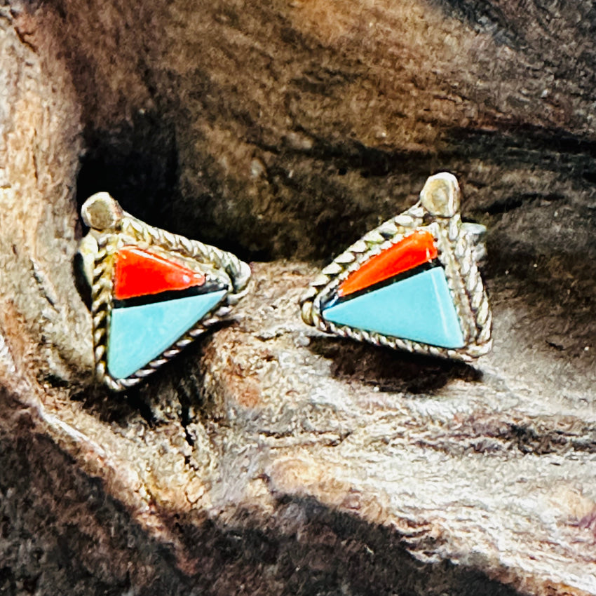 Vintage Zuni Sterling Silver Channel Inlay Triangle Post Stud Earrings Earrings