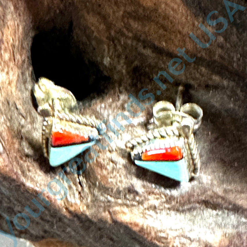 Vintage Zuni Sterling Silver Channel Inlay Triangle Post Stud Earrings Earrings