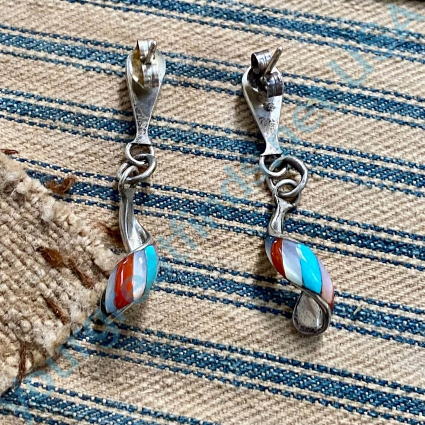 Vintage Zuni Sterling Silver Channel Inlay Twist Pierced Earrings