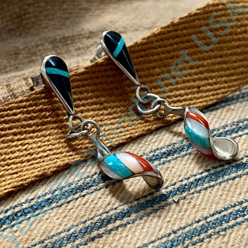 Vintage Zuni Sterling Silver Channel Inlay Twist Pierced Earrings