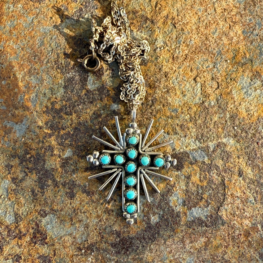 Vintage Zuni Sterling Silver Cross Necklace Snake Eye Pale Turquoise