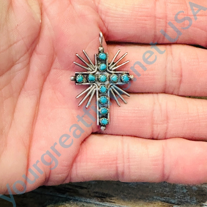 Vintage Zuni Sterling Silver Cross Pendant Snake Eye Turquoise