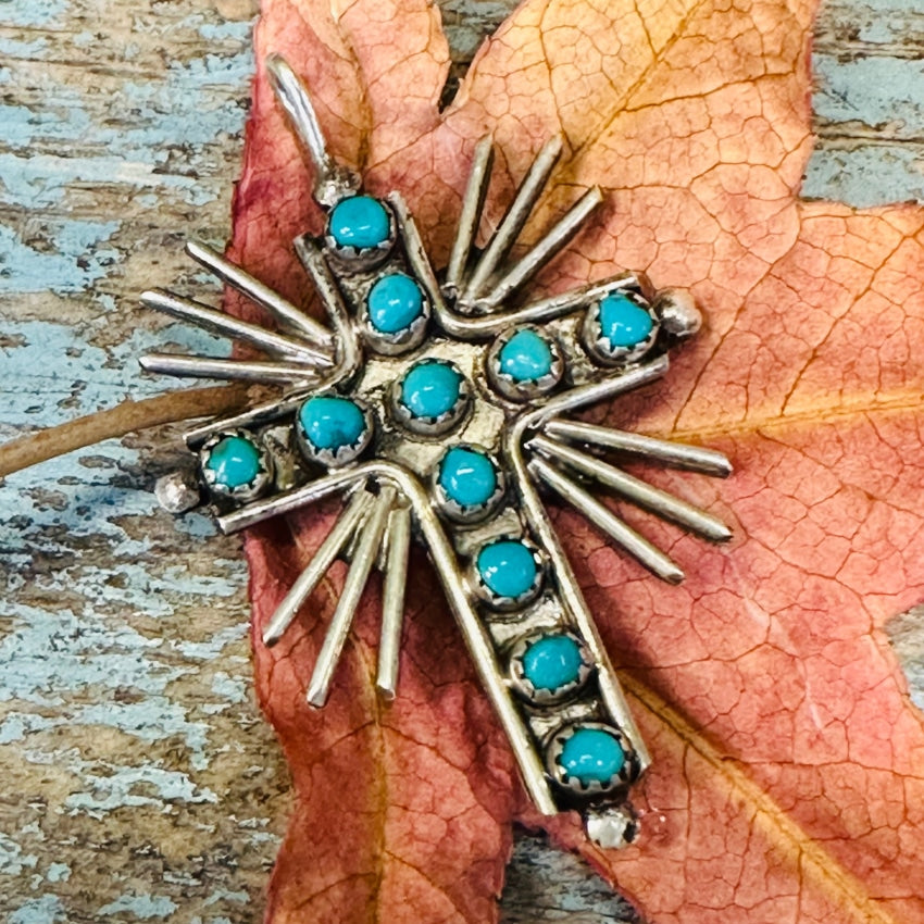Vintage Zuni Sterling Silver Cross Pendant Snake Eye Turquoise