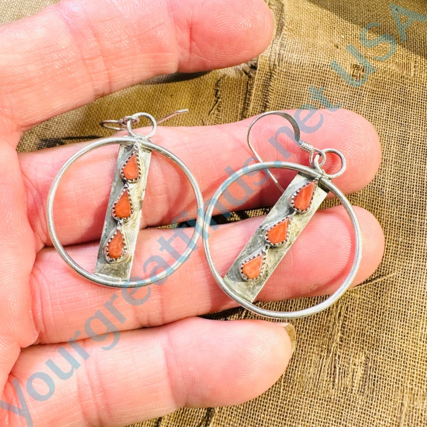 Vintage Zuni Sterling Silver Hoop Earrings Coral Stones