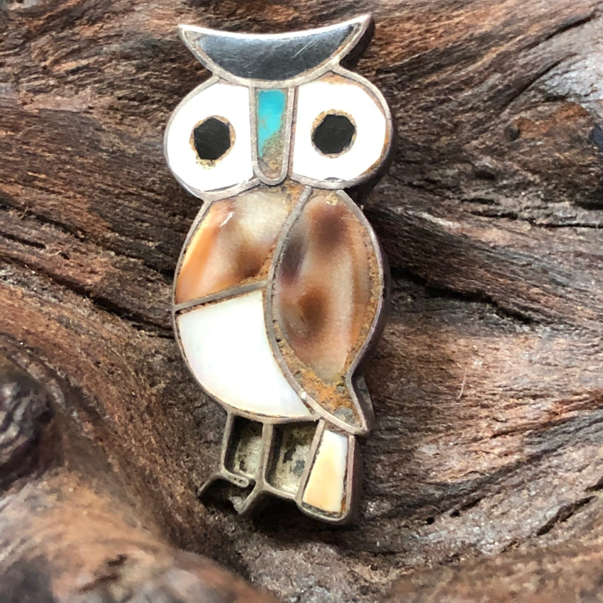 Vintage Zuni Sterling Silver Inlay Stone Owl Pin Pin