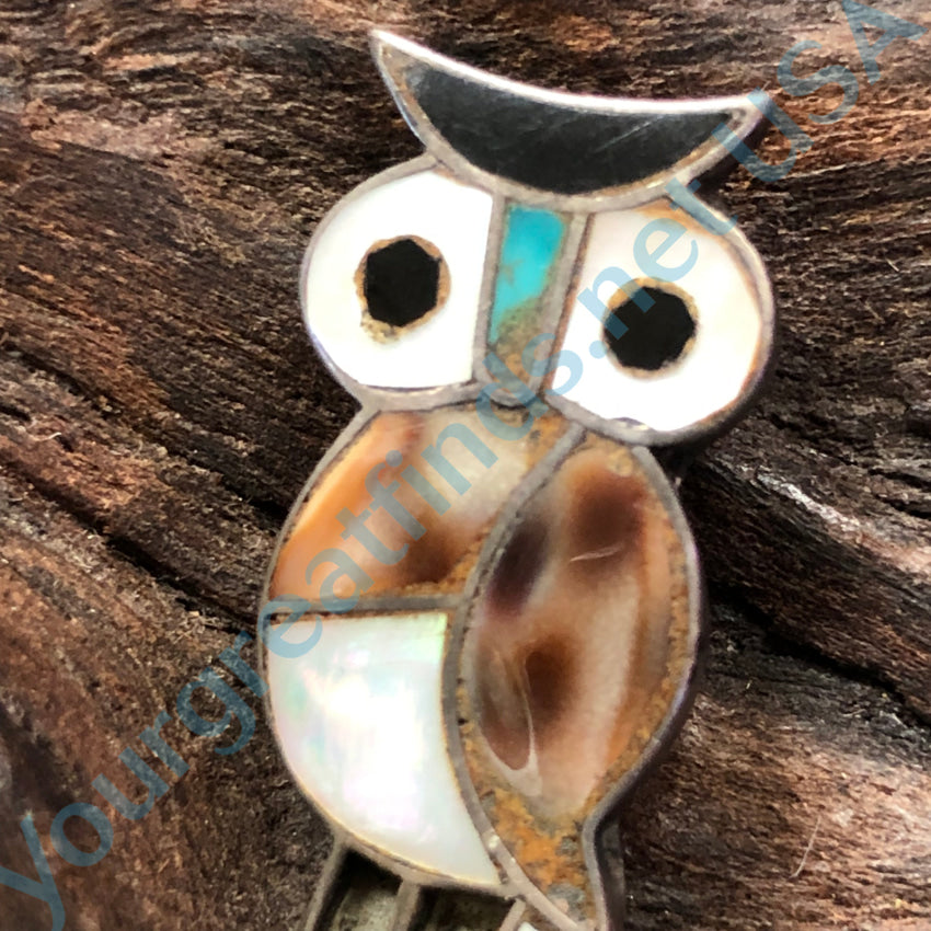 Vintage Zuni Sterling Silver Inlay Stone Owl Pin Pin