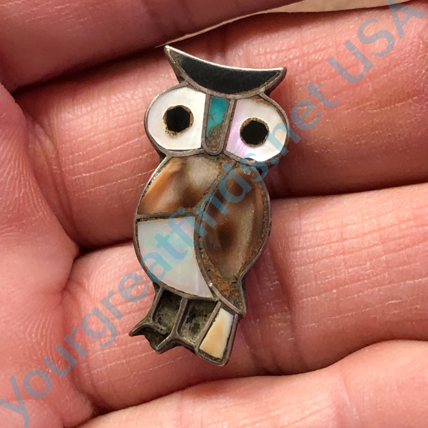 Vintage Zuni Sterling Silver Inlay Stone Owl Pin Pin