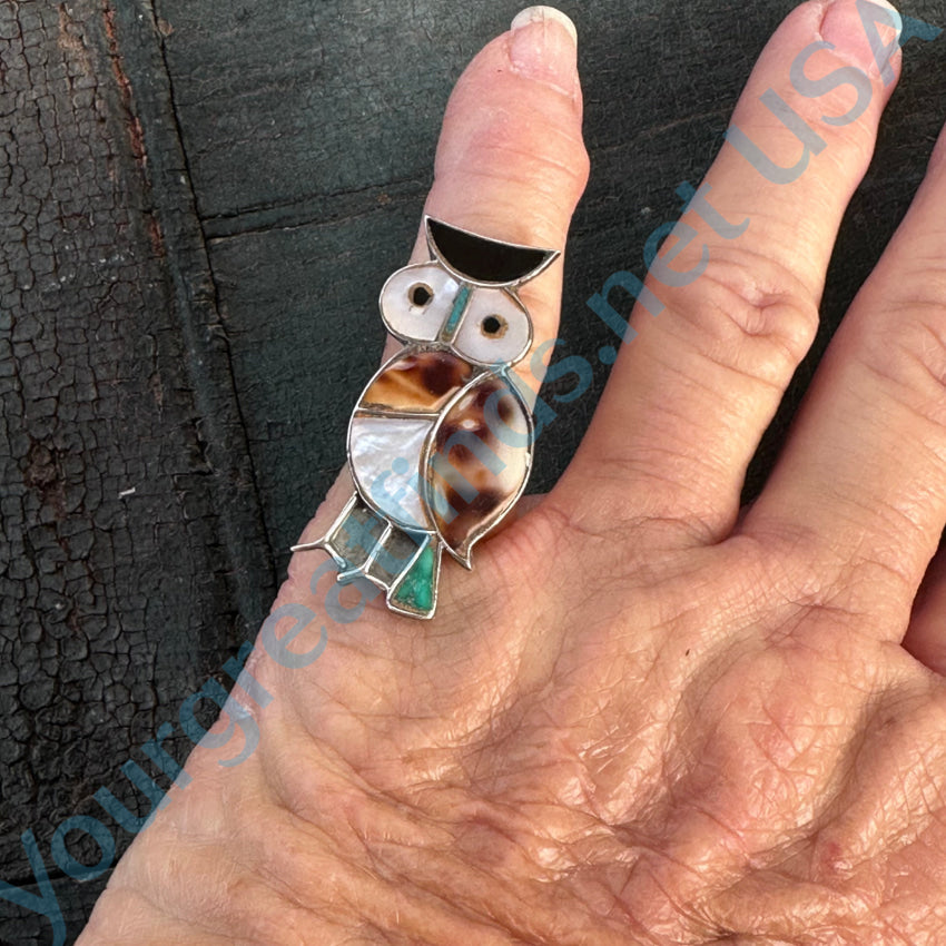 Vintage Zuni Sterling Silver Inlay Stone Owl Ring Size 5 3/4