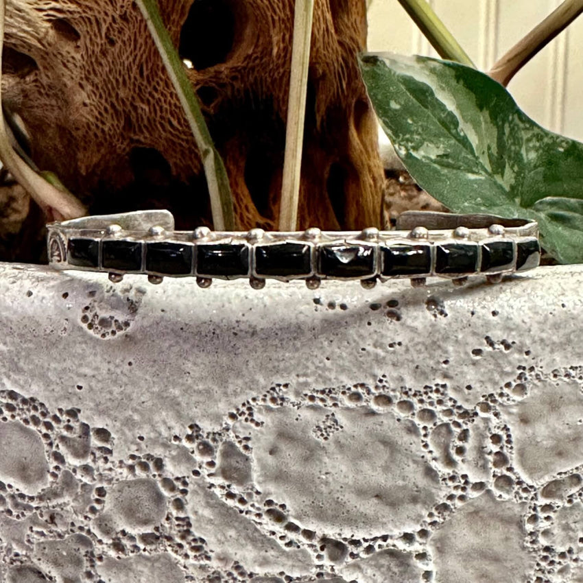Vintage Zuni Sterling Silver Jet Row Bracelet Ernest & Vivnita Bewanika