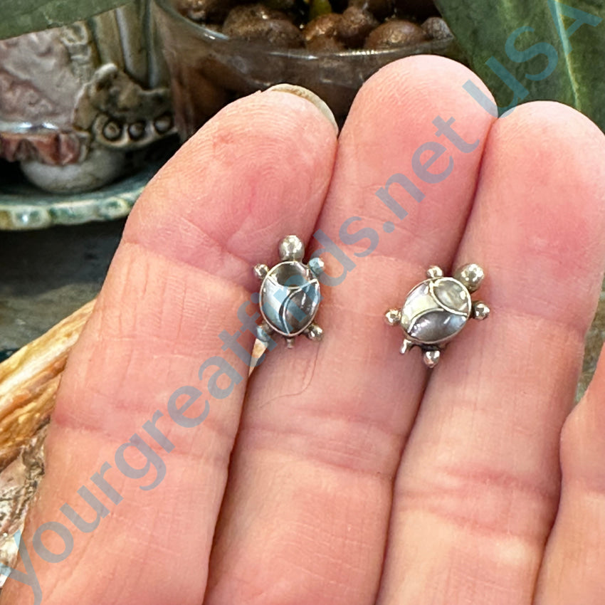 Vintage Zuni Sterling Silver & Mother - Of - Pearl Turtle Tortoise Earrings