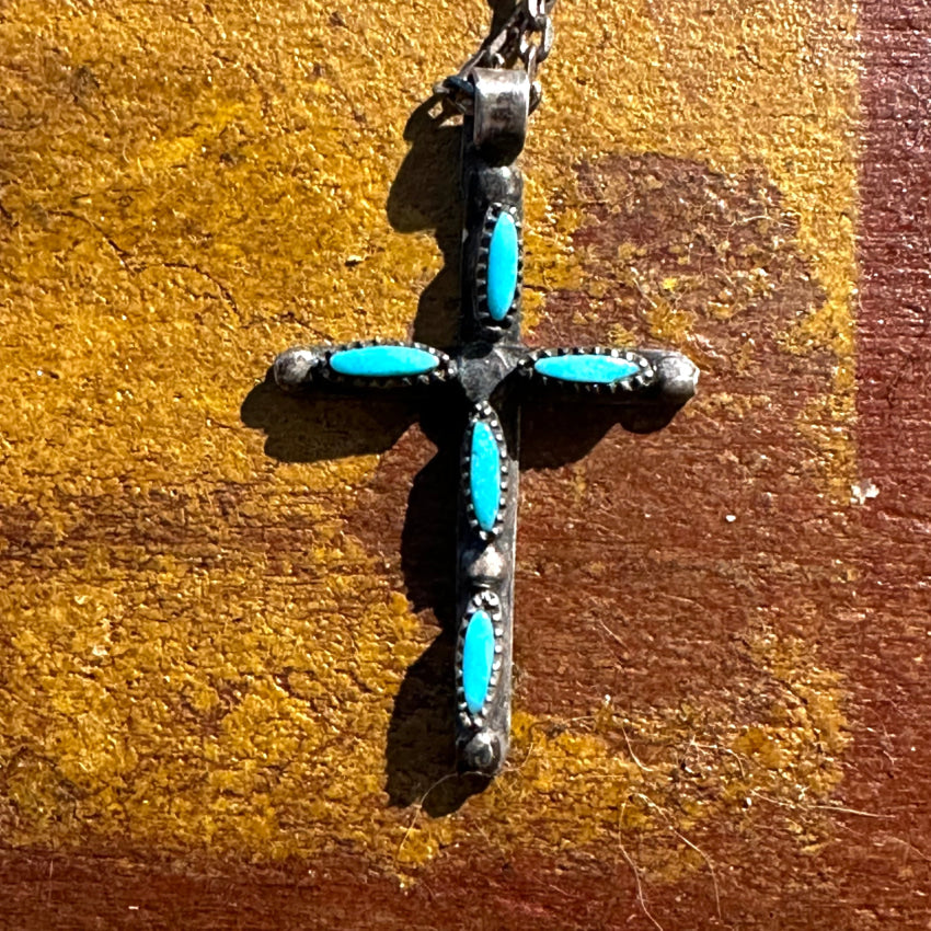 Vintage Zuni Sterling Silver Needlepoint Turquoise Cross Necklace