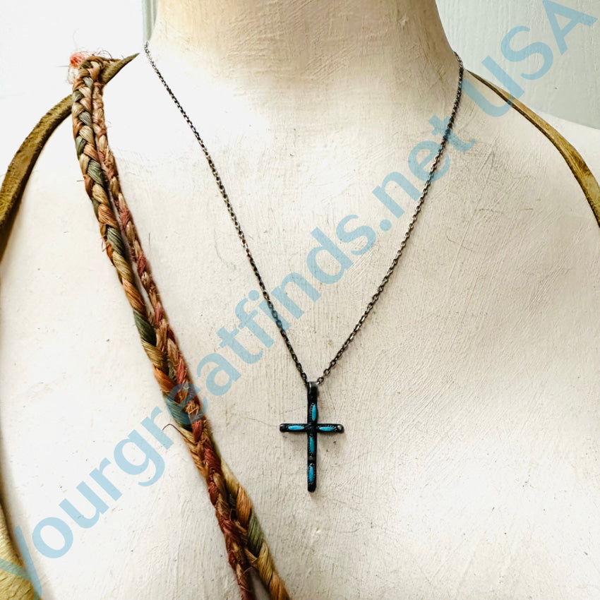Vintage Zuni Sterling Silver Needlepoint Turquoise Cross Necklace