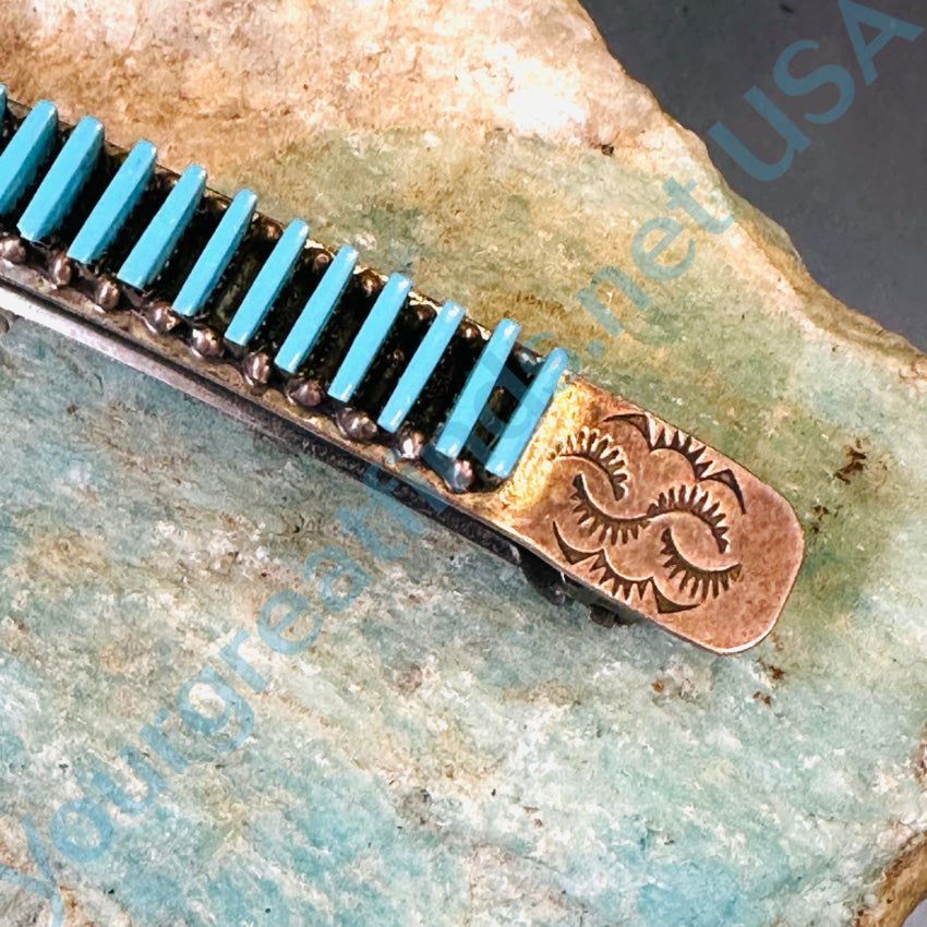 Vintage Zuni Sterling Silver & Needlepoint Turquoise Hair Barrette Hair Pin