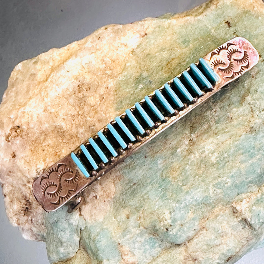 Vintage Zuni Sterling Silver & Needlepoint Turquoise Hair Barrette Hair Pin