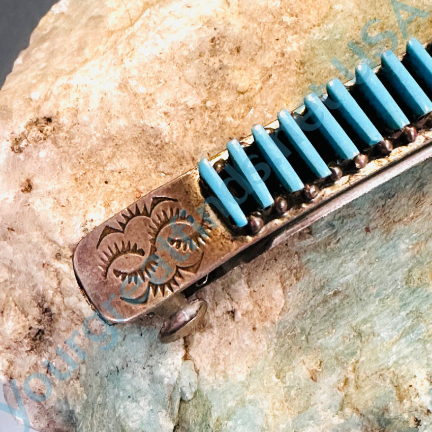 Vintage Zuni Sterling Silver & Needlepoint Turquoise Hair Barrette Hair Pin