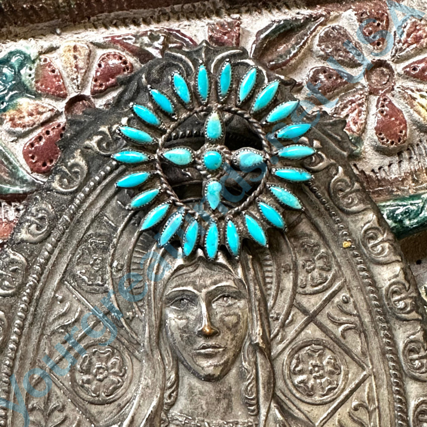Vintage Zuni Sterling Silver Needlepoint Turquoise Rosette Pin