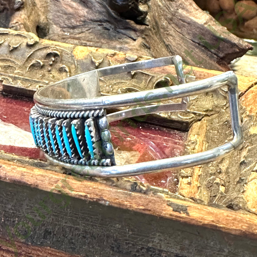 Vintage Zuni Sterling Silver Needlepoint Turquoise Row Bracelet