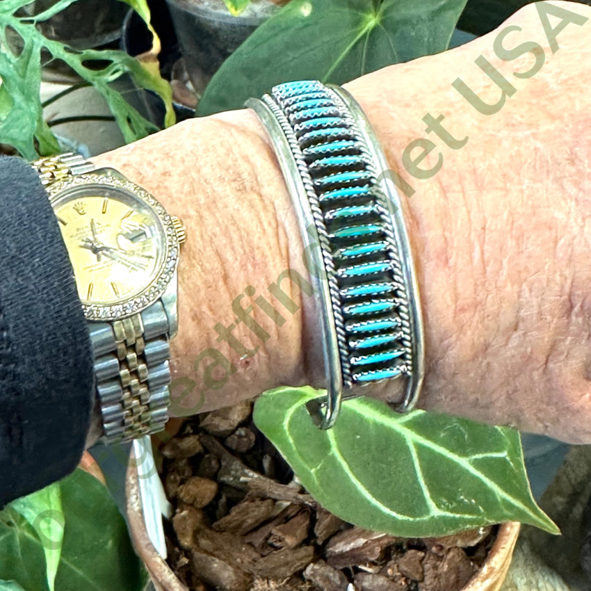 Vintage Zuni Sterling Silver Needlepoint Turquoise Row Bracelet
