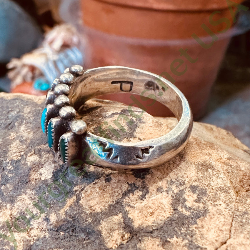Vintage Zuni Sterling Silver Needlepoint Turquoise Row Ring 5.5