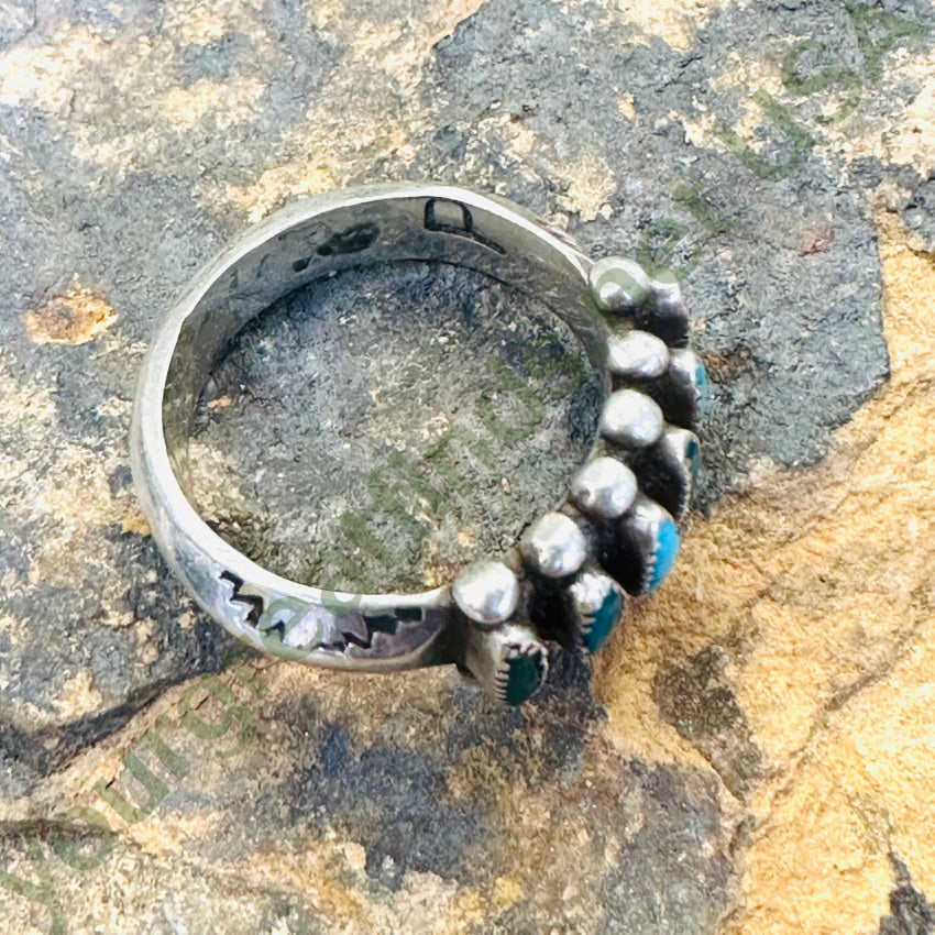 Vintage Zuni Sterling Silver Needlepoint Turquoise Row Ring 5.5