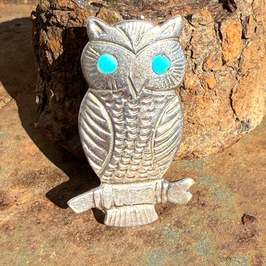 Vintage Zuni Sterling Silver Owl Pin Turquoise Eyes pin