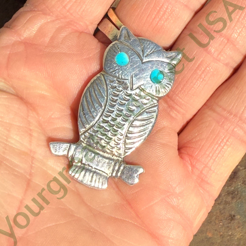 Vintage Zuni Sterling Silver Owl Pin Turquoise Eyes pin