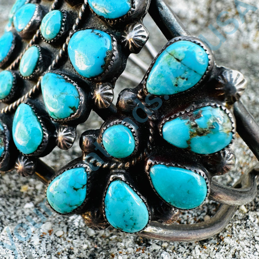 Vintage Zuni Sterling Silver Petit Point Turquoise Rosette Bracelet