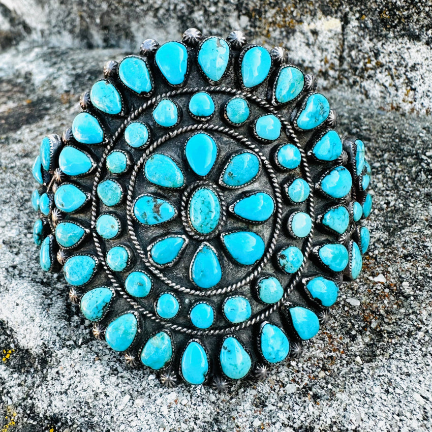 Vintage Zuni Sterling Silver Petit Point Turquoise Rosette Bracelet