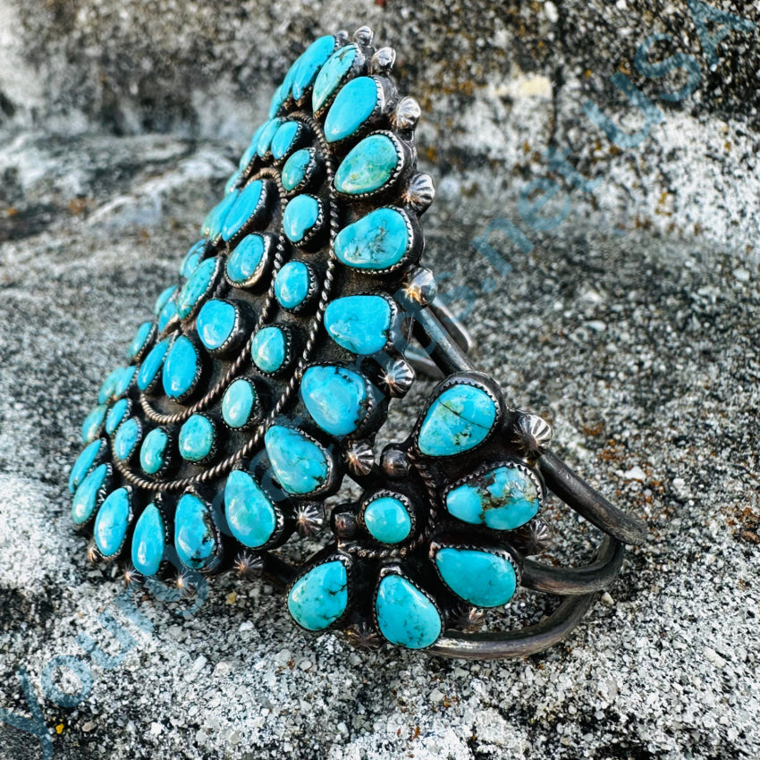 Vintage Zuni Sterling Silver Petit Point Turquoise Rosette Bracelet