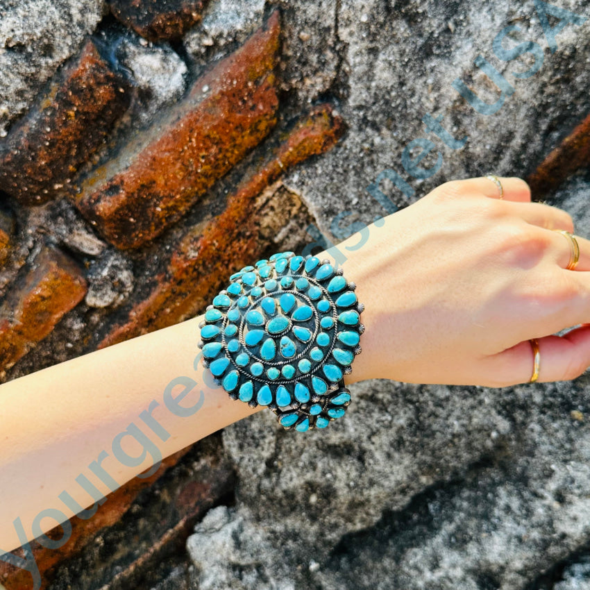 Vintage Zuni Sterling Silver Petit Point Turquoise Rosette Bracelet