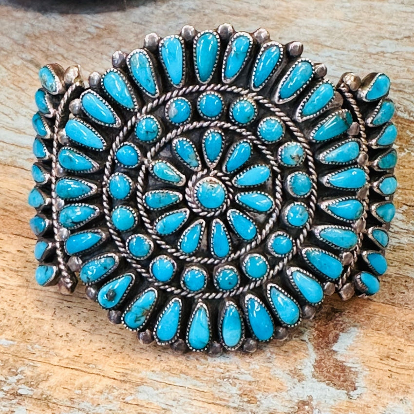 Vintage Zuni Sterling Silver Petit Point Turquoise Rosette Bracelet