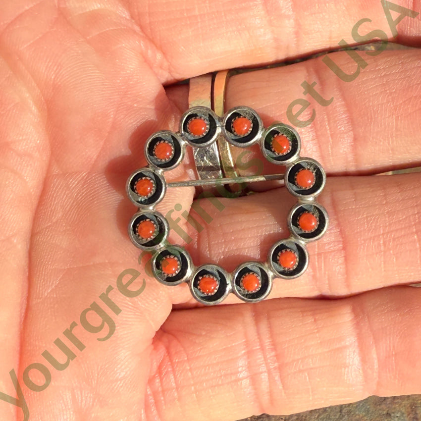 Vintage Zuni Sterling Silver & Red Coral Wreath Pin pin / brooch