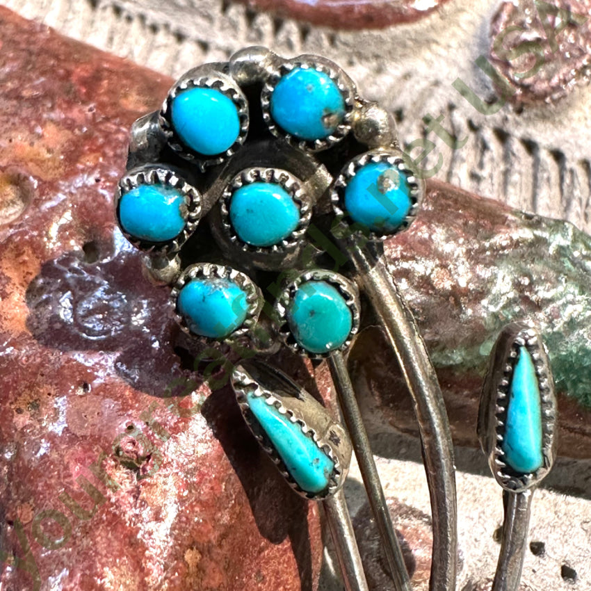 Vintage Zuni Sterling Silver Snake Eye Turquoise Flower In Pot Pin
