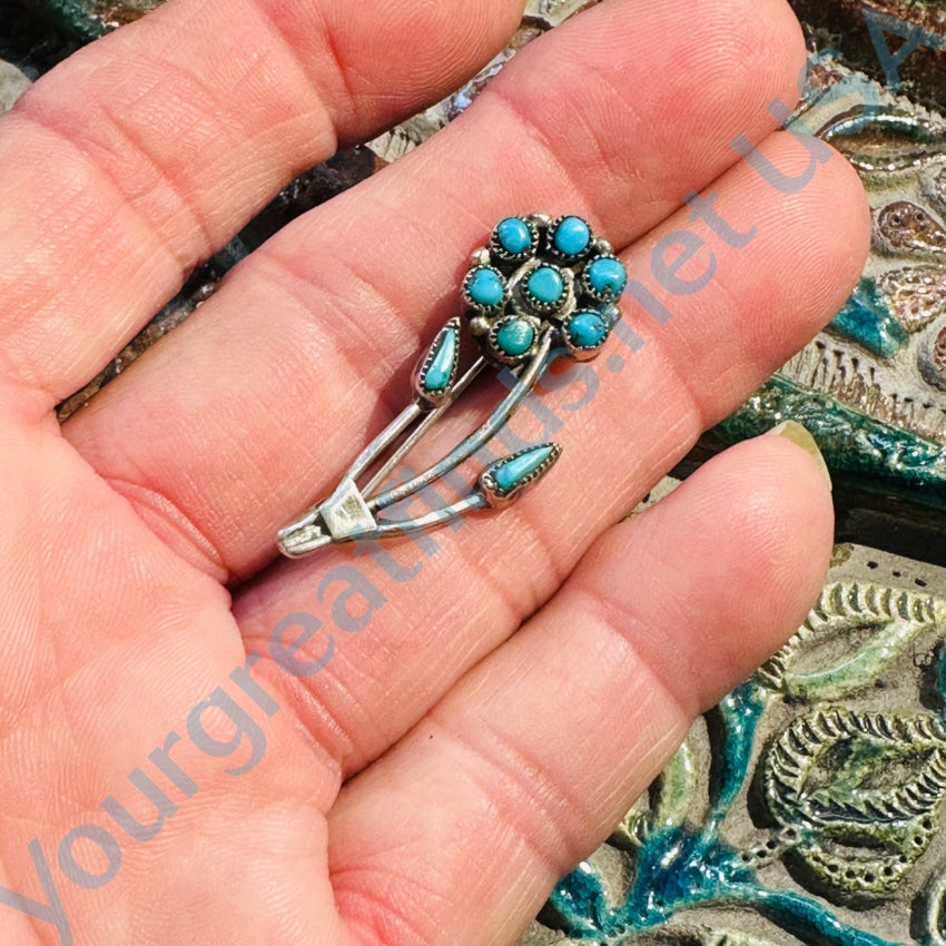 Vintage Zuni Sterling Silver Snake Eye Turquoise Flower In Pot Pin