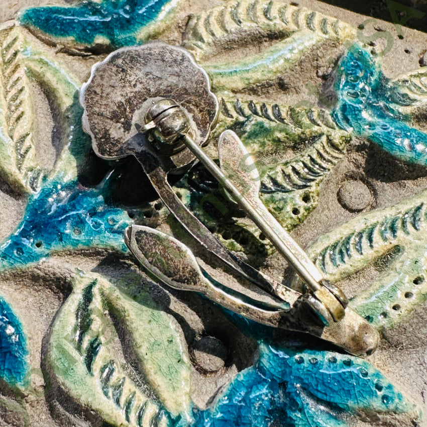 Vintage Zuni Sterling Silver Snake Eye Turquoise Flower In Pot Pin