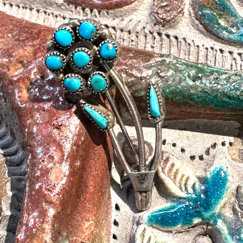 Vintage Zuni Sterling Silver Snake Eye Turquoise Flower In Pot Pin