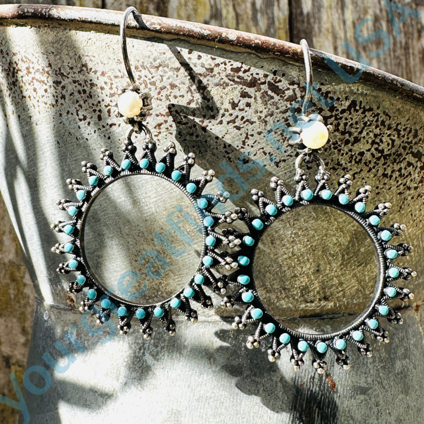 Vintage Zuni Sterling Silver Snake Eye Turquoise & Pearl Hoop Earrings Earrings