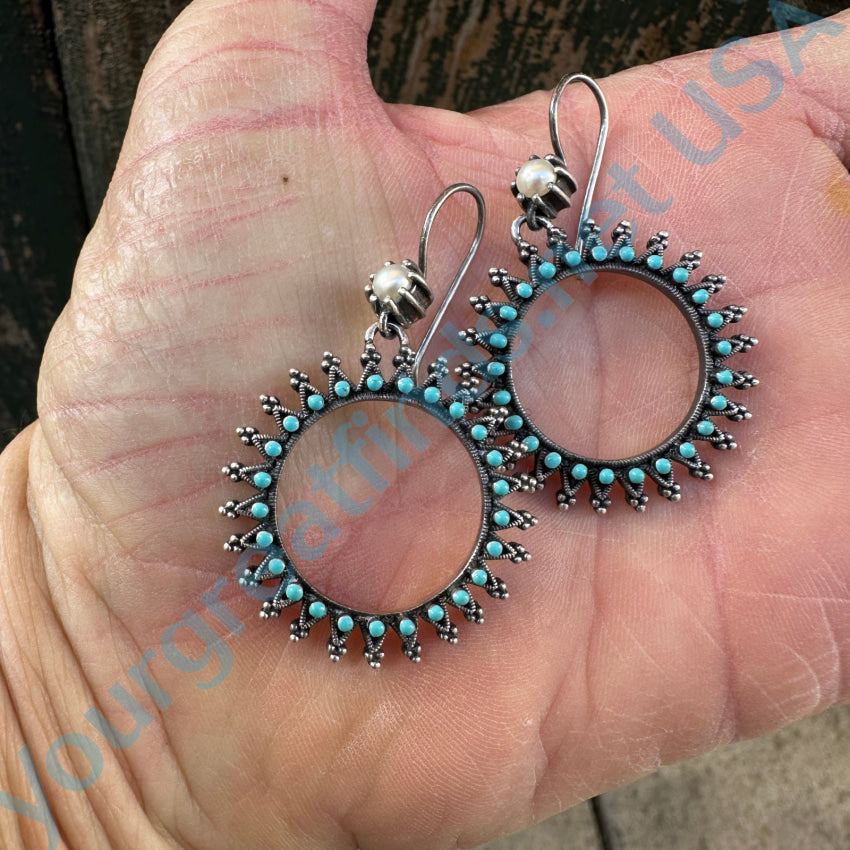 Vintage Zuni Sterling Silver Snake Eye Turquoise & Pearl Hoop Earrings Earrings