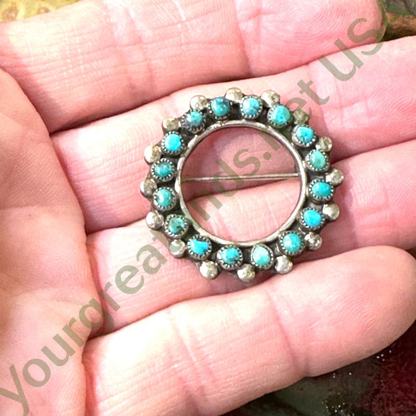 Vintage Zuni Sterling Silver Snake Eye Turquoise Wreath Pin