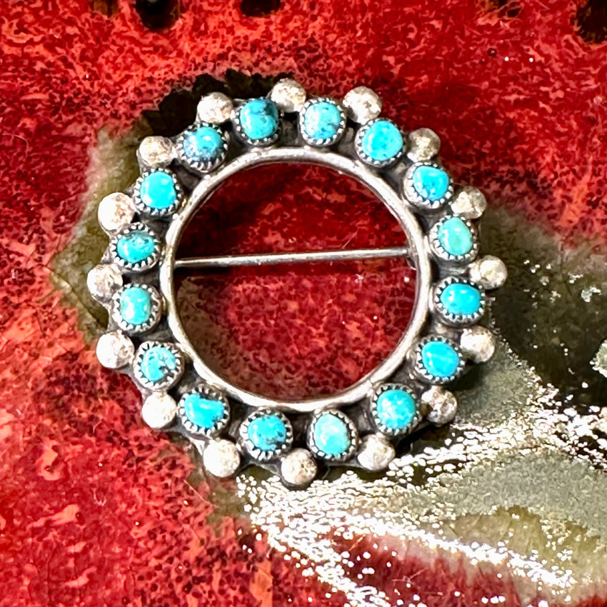 Vintage Zuni Sterling Silver Snake Eye Turquoise Wreath Pin