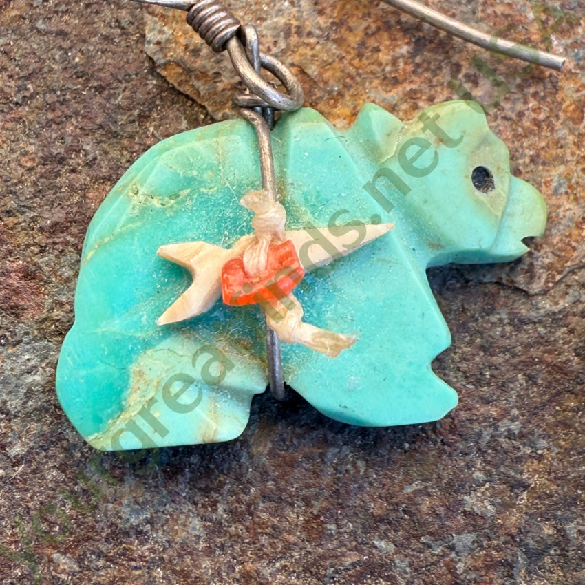 Vintage Zuni Sterling Silver Turquoise Bear Necklace Earring Set jewelry set