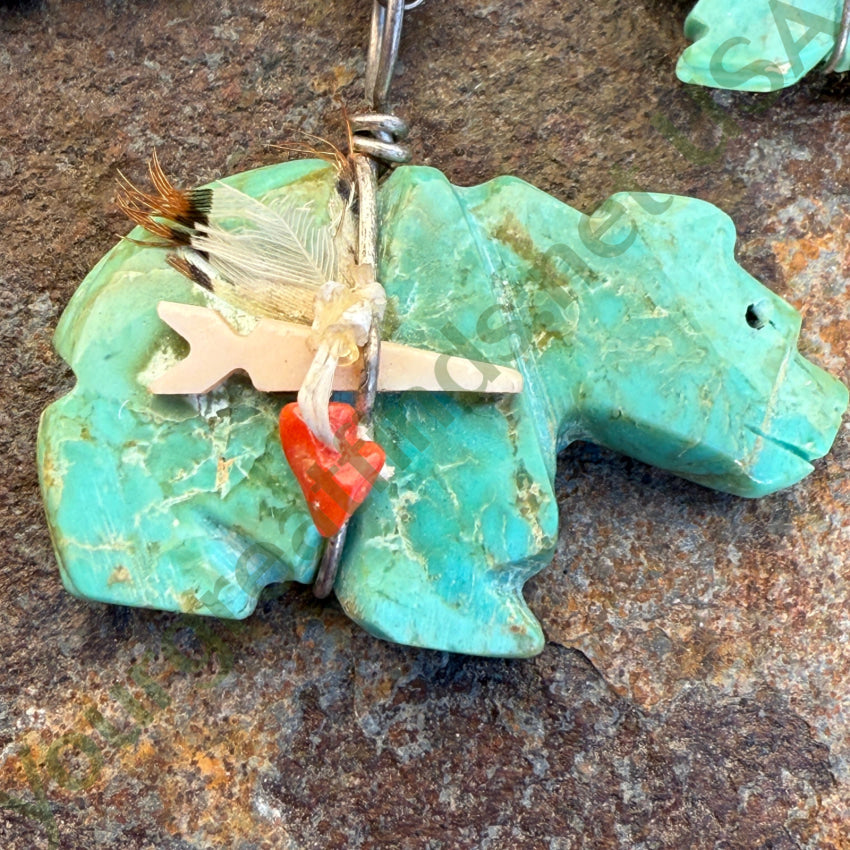 Vintage Zuni Sterling Silver Turquoise Bear Necklace Earring Set jewelry set