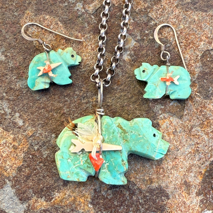 Vintage Zuni Sterling Silver Turquoise Bear Necklace Earring Set jewelry set