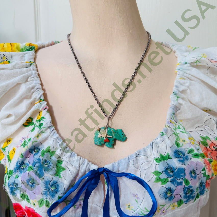 Vintage Zuni Sterling Silver Turquoise Bear Necklace Earring Set jewelry set