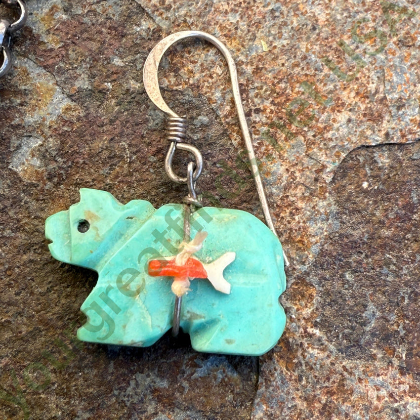 Vintage Zuni Sterling Silver Turquoise Bear Necklace Earring Set jewelry set