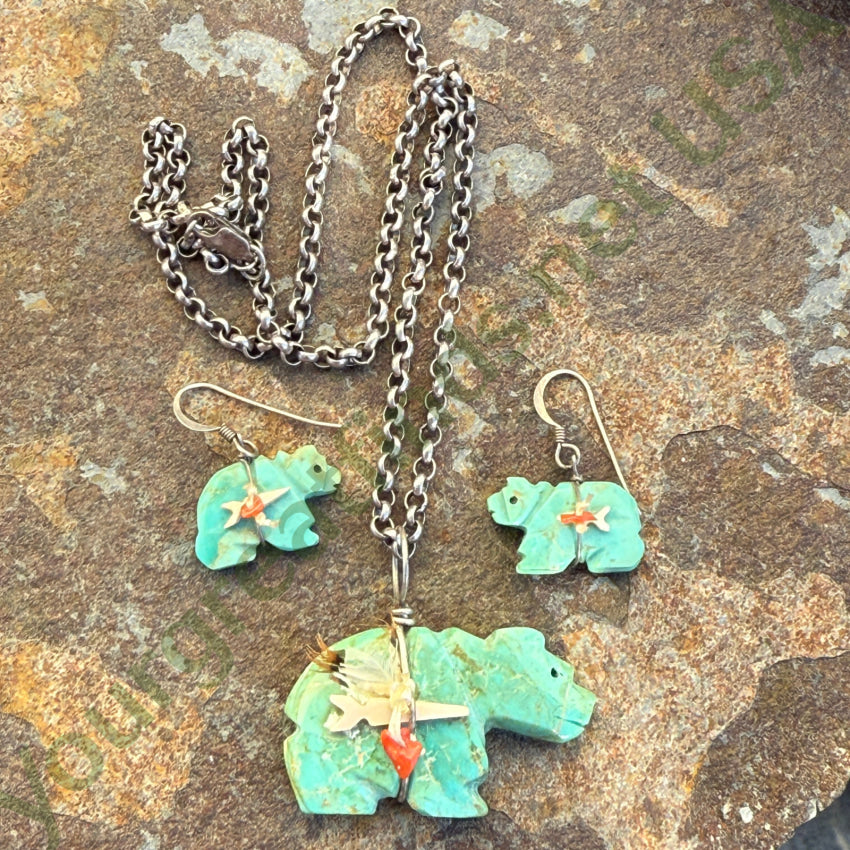 Vintage Zuni Sterling Silver Turquoise Bear Necklace Earring Set jewelry set