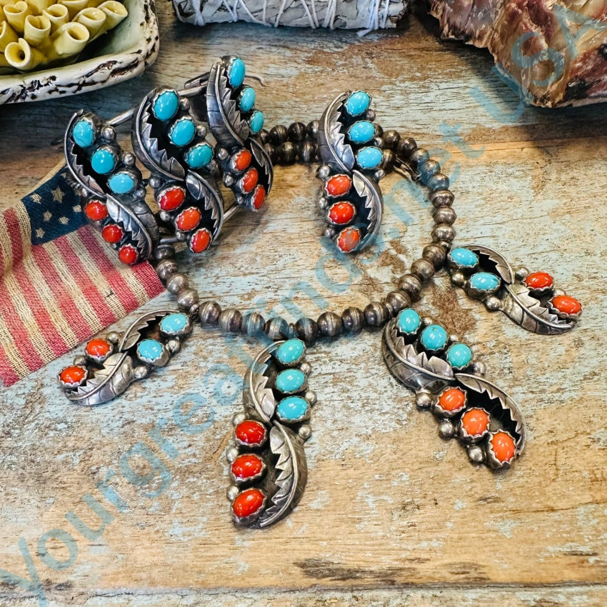 Vintage Zuni Sterling Silver Turquoise Coral Bracelet Miriam Chuyate